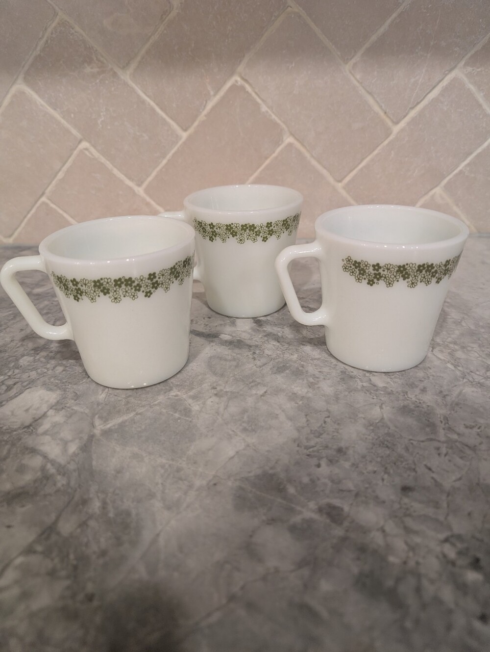 Pyrex White Milk Glass Mugs with Olive Green Floral Band - Set of 3